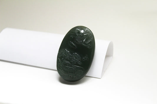 Translucent Green Jade Carved Oval Shape Mountain and Dragon Amulet/Pendant 和田玉山水牌挂件
